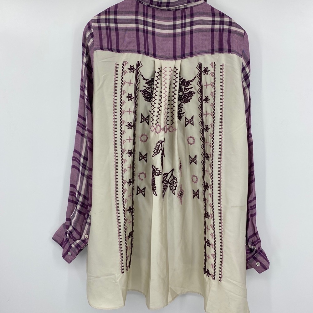 June and Delancey plaid front embroidered back top